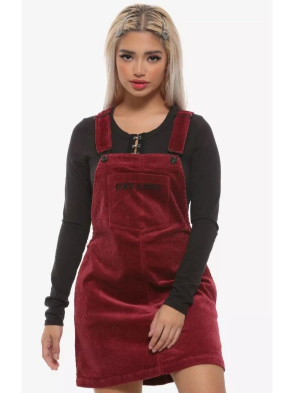 HOT TOPIC Burgundy Sz Medium Soft Corduroy 'GET LOST' Jumper Mini Dress Pockets